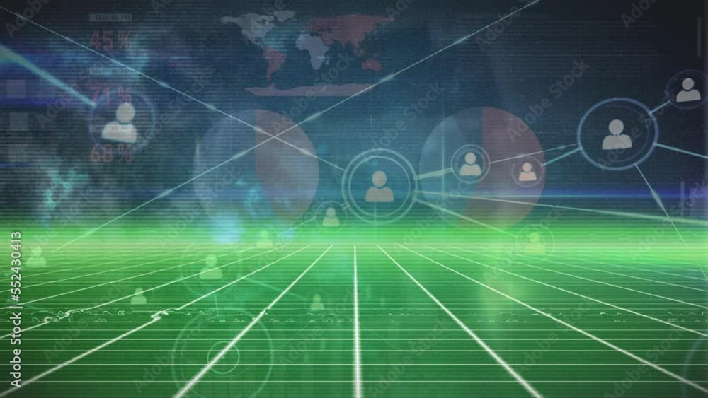 Animation of dots connected with lines, green grid pattern over infographic interface in background