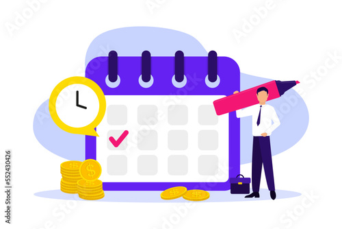 Calendar and clock with gold coins around. Man check pay schedule or payroll. Payment day. Еhe concept of a reminder of timely payment for services. Success salary payment. Vector illustration