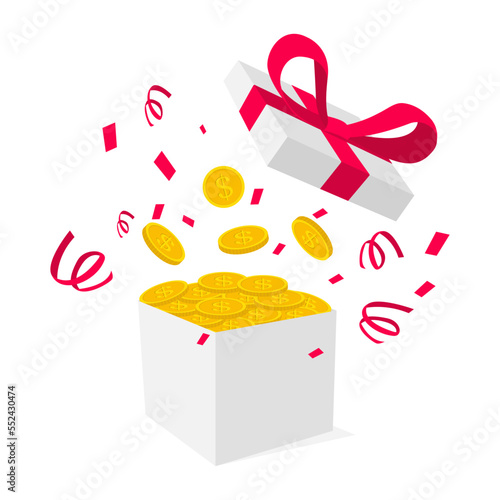 White open gift boxe with dollar coins, and confetti explosion. Loyalty program and get rewards. Cashback reward program marketing strategy concept for promo banner. Vector illustration