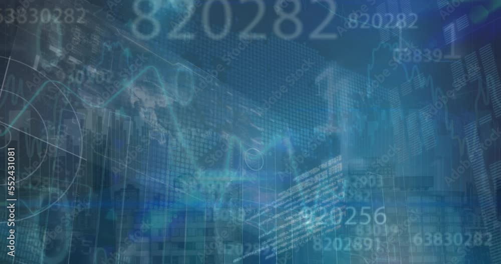 Animation of graphs, binary codes, numbers, globe and programming language over abstract background Animation of graphs, binary codes, numbers, globe and programming language over abstract background