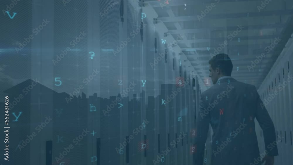 Animation of data processing and cityscape over caucasian man in server room Animation of data processing and cityscape over caucasian man in server room