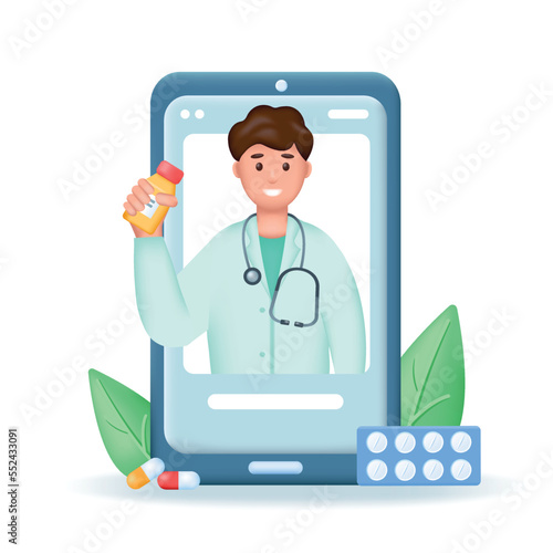 Young doctor with medication on smartphone screen. Online medicine and Healthcare, telemedicine or medical consultation concept. 3d Realistic vector illustration isolated on white background.
