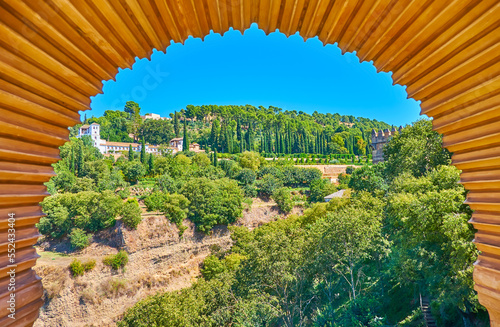 Generalife gardens from Partal palace, Alhambra, Granada, Spain