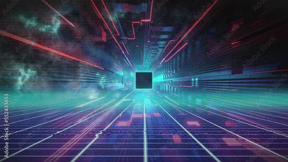 Animation of kaleidoscopic glowing shapes over grid and black background Animation of kaleidoscopic glowing shapes over grid and black background