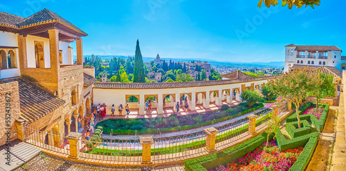 Panorama of Patio of  Irrigation Ditch, Generalife, Granada, Alhambra, Spain