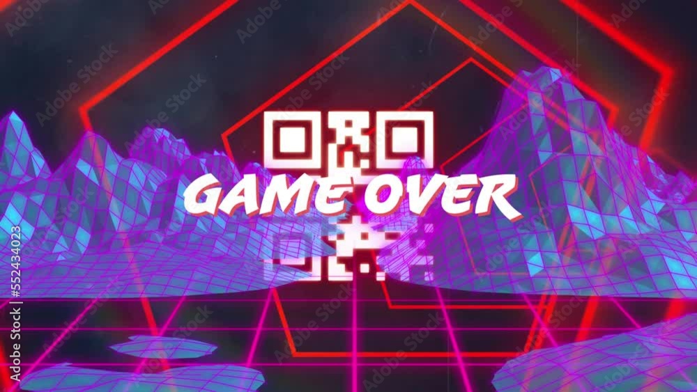 Animation of game over text and qr code over shapes Animation of game over text and qr code over shapes