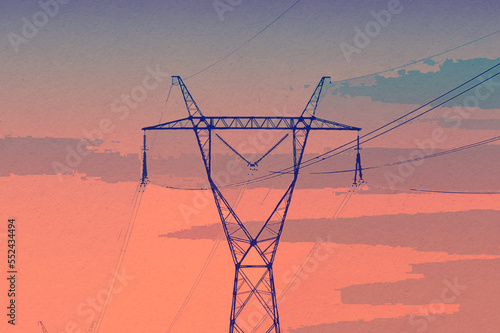 Ilustracja słupy elektryczne na tle różowego nieba.