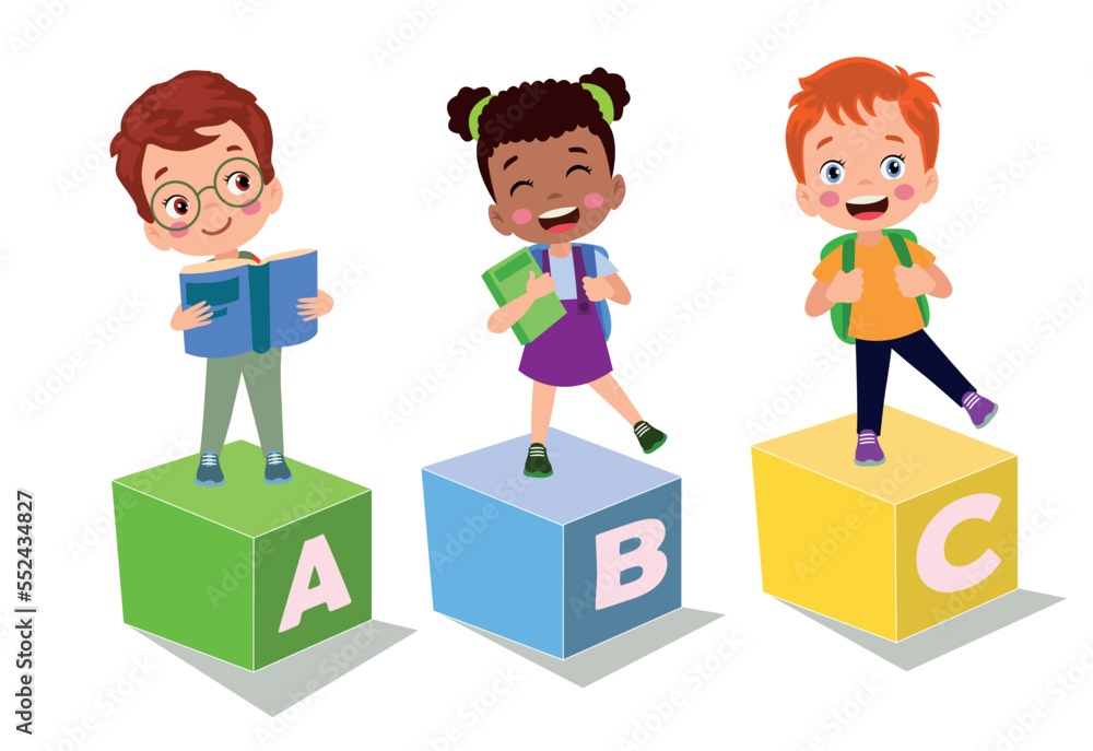 Obraz premium Vector illustration of cute kids with Abc blocks, abc letters