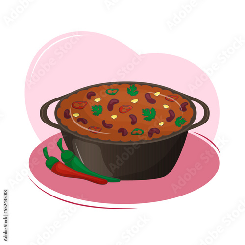 Mexican food is a spicy dish with meat and beans chili con carne in cast iron pot. Traditional Latin American cuisine. Vector illustration. Cartoon.