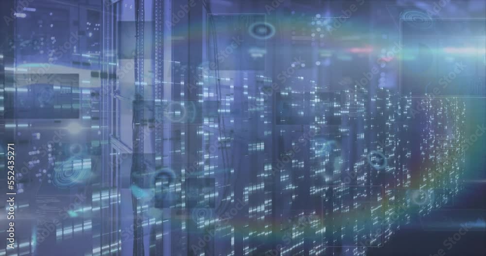 Animation of data processing over server room Animation of data processing over server room