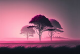 Tree silhouettes in a field against a foggy sky during a stunning pink sunset. Generative AI