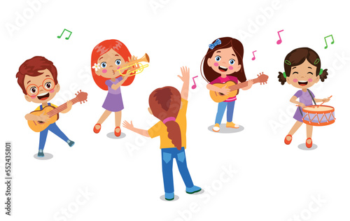 happy children playing instruments and singing