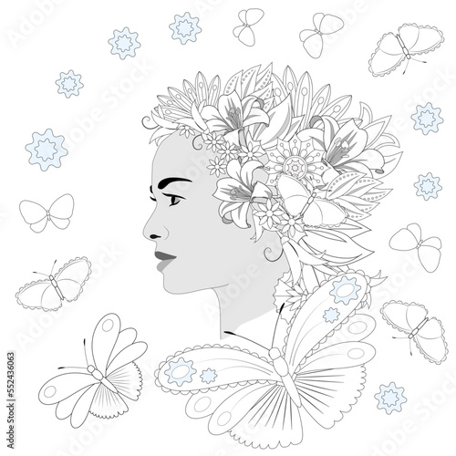 Girl with flowers on her head and butterflies for coloring book. Vector illustration