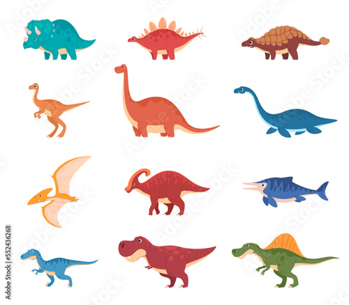 Cartoon cute beautiful dinosaurs. Ancient cold-blooded lizards in children cartoon style. Image of fossil lizards. Vector illustration