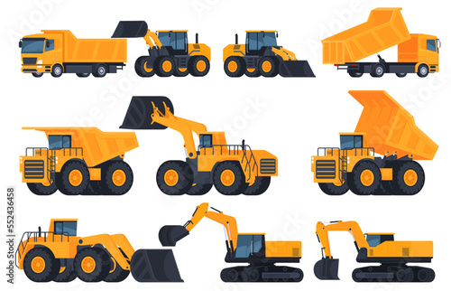 Heavy quarry equipment for the extraction of minerals. Excavators and dump trucks of large sizes. Transportation of a large mass of goods. Vector illustration