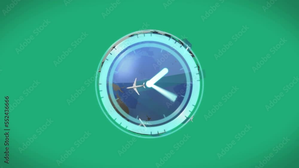 Animation of moving clock over globe and shapes on green background Animation of moving clock over globe and shapes on green background
