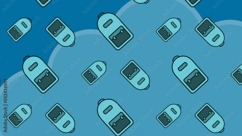 Animation of backpack icons over clouds on blue background Animation of backpack icons over clouds on blue background