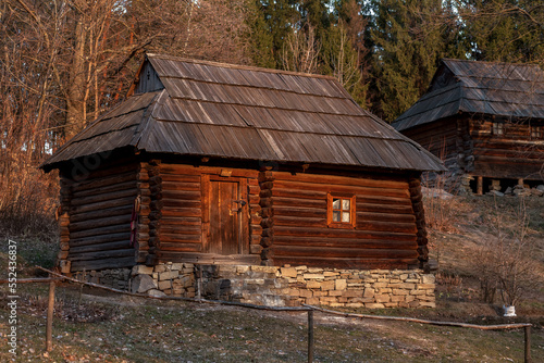 Old traditional wooden house in Pirogov museum, Ukraine. log cabin