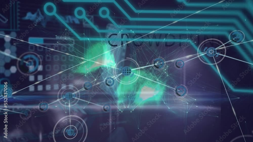 Animation of network of connections with icons over data processing on black background Animation of network of connections with icons over data processing on black background