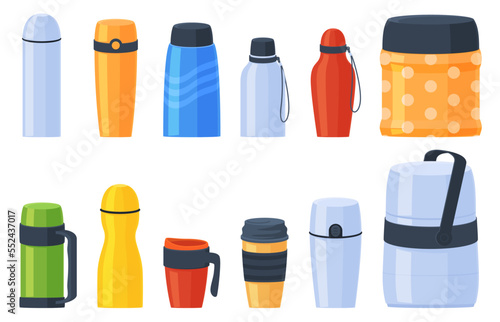 Tourist and household thermoses. Dishes for storing hot drinks and food. Vector illustration