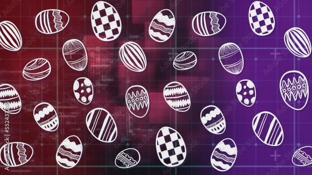 Animation of egg icons over data processing on black background Animation of egg icons over data processing on black background