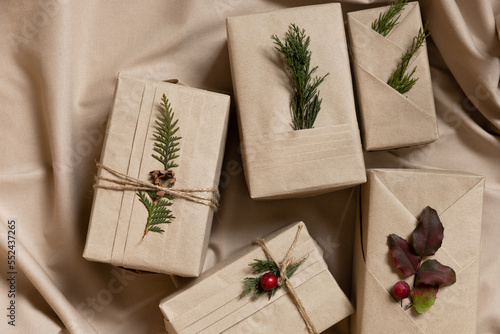 Christmas gifts, eco-friendly wrapping in craft paper