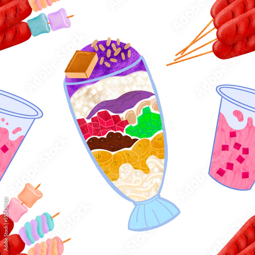 Filipino halo-halo, hotdog marshmallow sticks, and pink gulaman on illustrated pattern photo