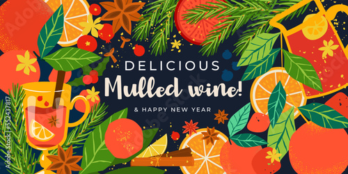 Banner with oranges, mulled wine, cinnamon and New Year's mood. It will be great as a sign at the fair, in the kiosk, and at the Christmas market.