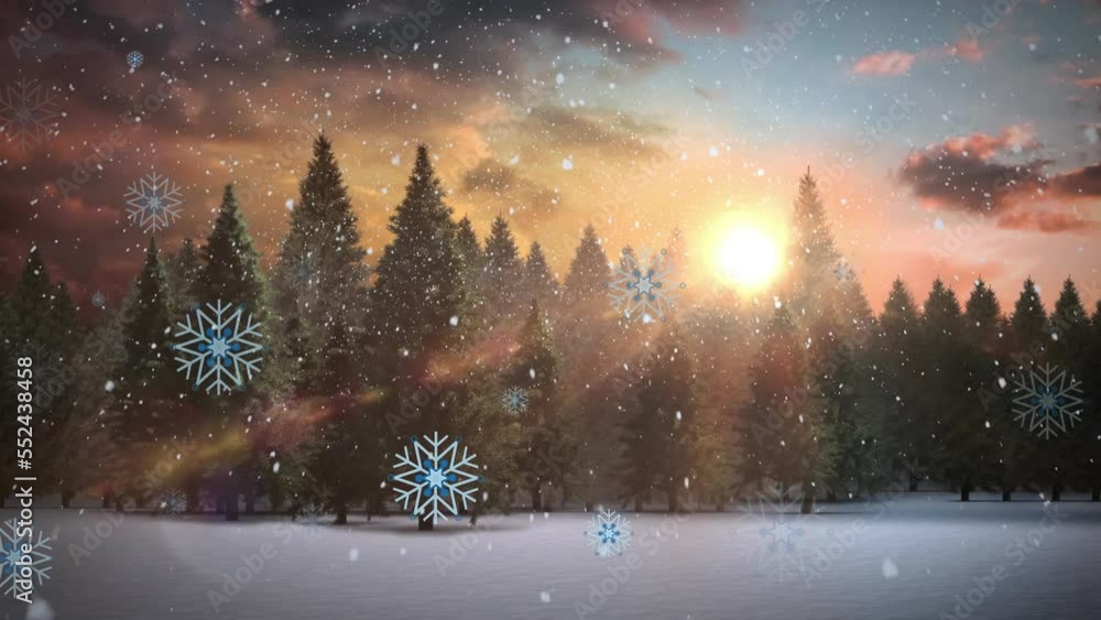 Animation of snow falling over winter landscape Animation of snow falling over winter landscape