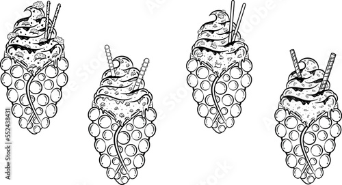 set of Hong Kong egg bubble waffles with ice cream sketch for coloring