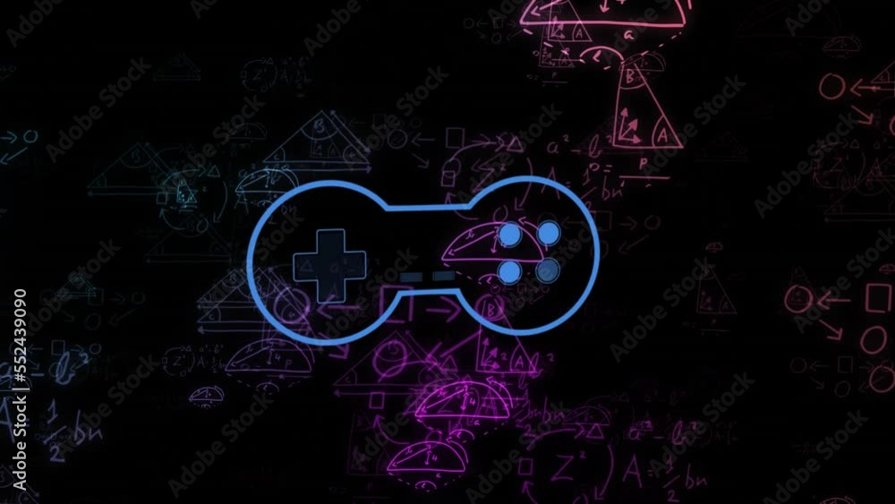 Animation of gamepad icon over mathematical equations and light spots on black background Animation of gamepad icon over mathematical equations and light spots on black background