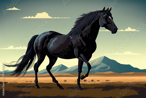 Dark stallion in a pasture. Generative AI