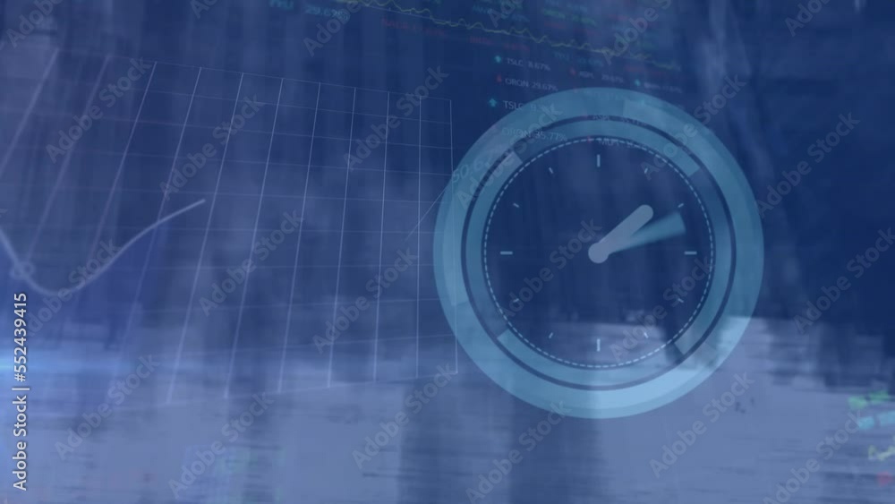 Animation of clock and data processing over people walking on street Animation of clock and data processing over people walking on street
