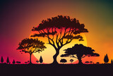 Amazing image of tree silhouettes against a sunset sky. Generative AI