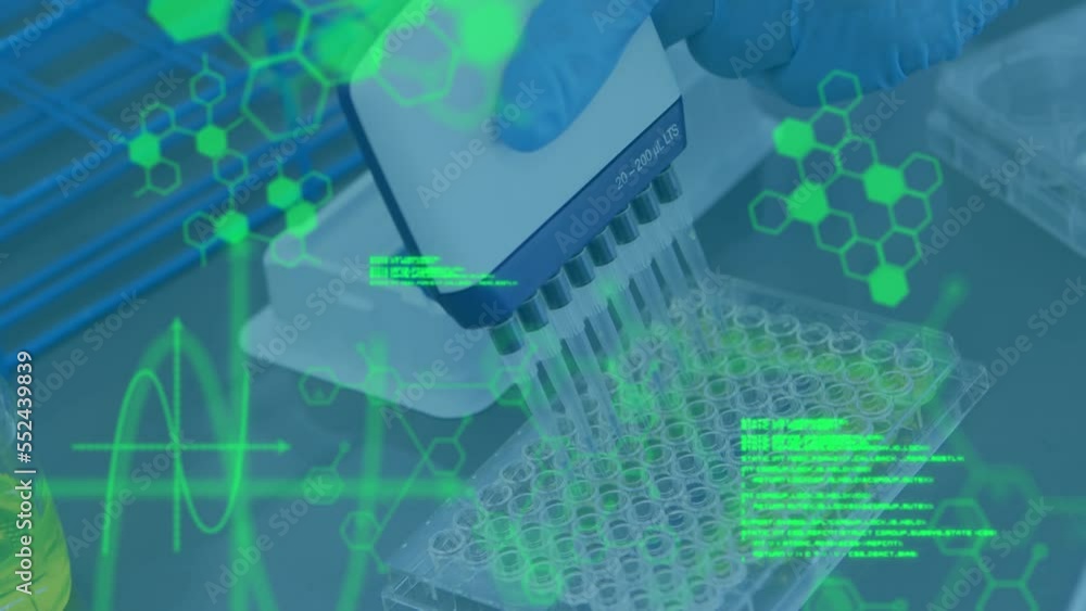 Animation of data processing over scientist in lab Animation of data processing over scientist in lab