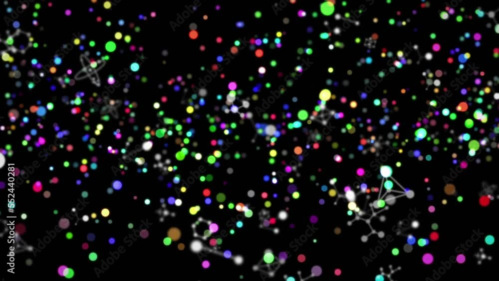 Animation of multicolored floating dots over multiple geometric shapes over black background Animation of multicolored floating dots over multiple geometric shapes over black background
