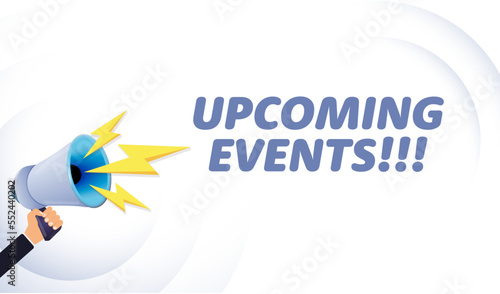 Hand hold megaphone. Upcoming events, realistic 3d megaphone, loudspeaker with lightning. Symbols Speaker, Social media, Advertising and promotion. Vector