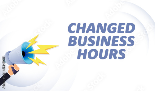 Hand hold megaphone. Changed business hours, realistic 3d megaphone, loudspeaker with lightning. Symbols Speaker, Social media, Advertising and promotion. Vector