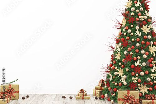 Wall mockup christmas tree with gifts and decorations