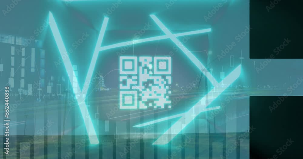 Animation of data processing with qr code and cityscape over wind turbines Animation of data processing with qr code and cityscape over wind turbines