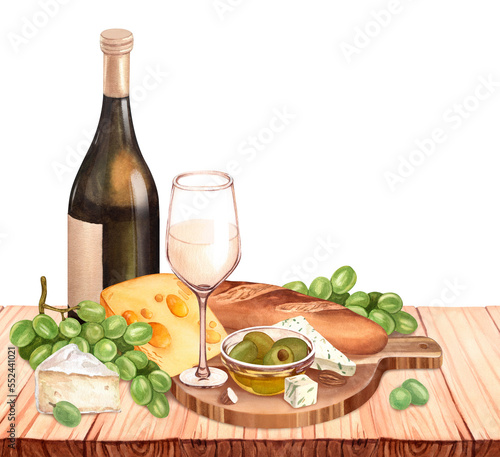 Watercolor white wine bottle, fresh ripe green grapes, cheese on the wood table. Hand draw background with food objects for picnic.Concept for wine list, label, banner, menu, flyer, brochure template