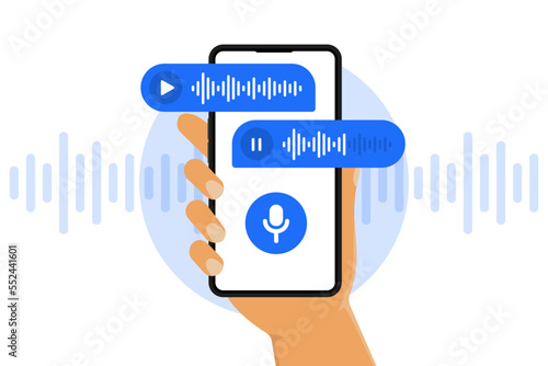 Voice and audio messages. Smartphone with voice messages on screen. Human hand holds smartphone with microphone button on screen and voice messages bubbles. Online chat. Vector illustration