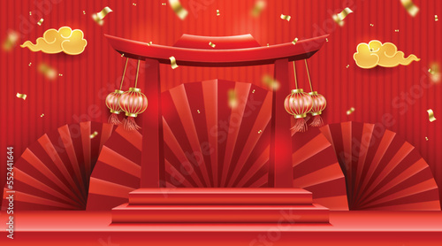 Red chinese new year podium display with chinese style.