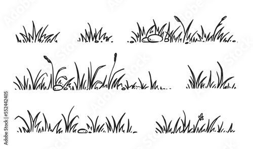 Grass doodle sketch style set. Hand drawn grass field outline scribble background. Sprout, flower, clover elements. Vector illustration.