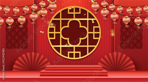 Red chinese new year podium display with chinese style.