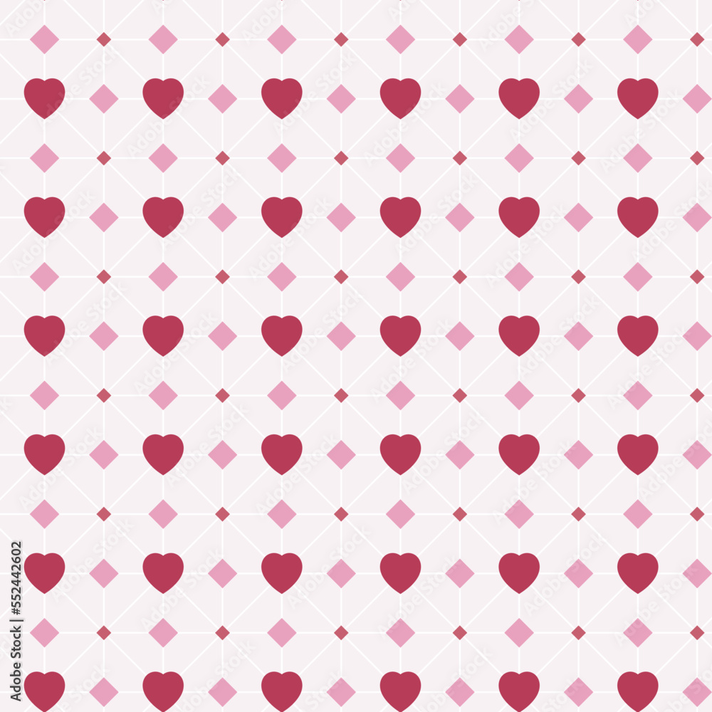 Seamless pattern of hearts and geometric shapes in pink shades. Design for Valentine's Day, wedding and mother’s day celebration, greeting cards, home decor, textile, wrapping paper, scrapbooking.