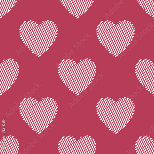 Seamless pattern of hand drawn hearts on isolated magenta background. Design for Valentine's Day, wedding and mother’s day celebration, greeting cards, home decor, textile, wrapping paper.