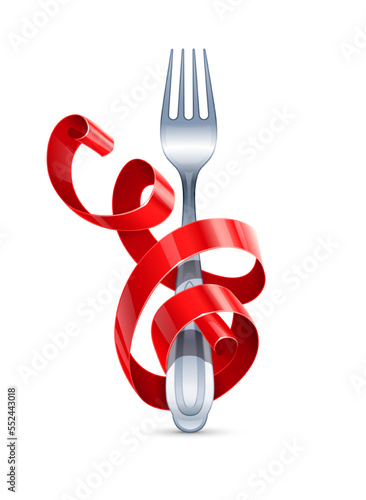 Table fork braided with red ribbon around. Isolated on white background. Festive menu concept. Vector illustration