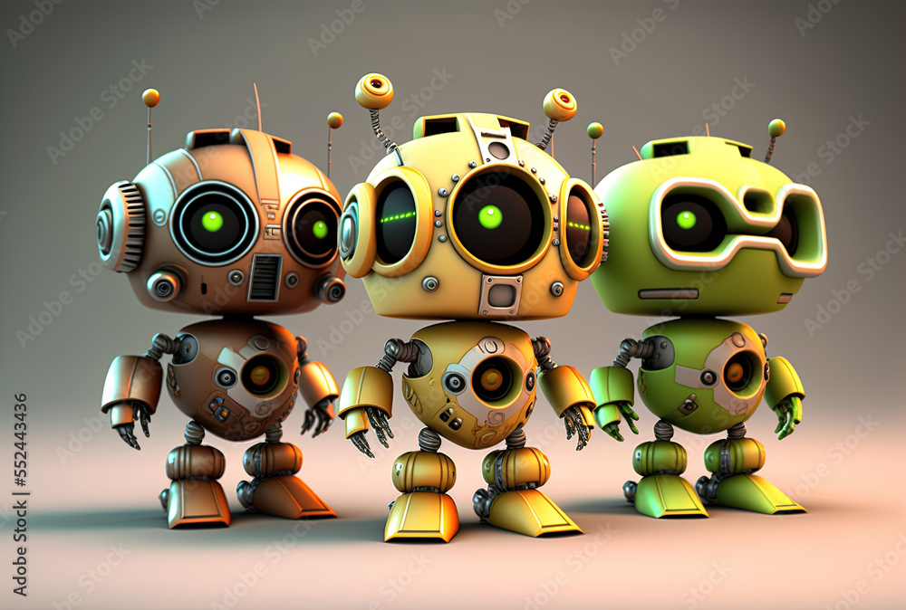 Three adorable artificially intelligent cartoon robots. Generative AI Three adorable artificially intelligent cartoon robots. Generative AI