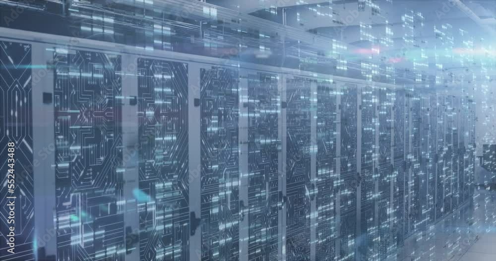 Animation of data processing and mathematical equations against computer server room Animation of data processing and mathematical equations against computer server room